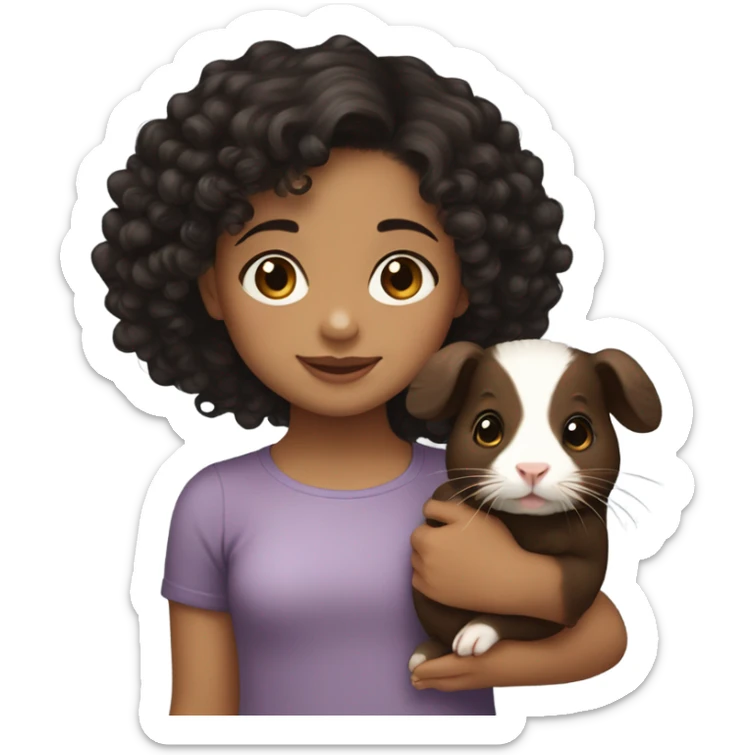 Little light skin girl with black curly hair holding a brown and dark brown Guinea pig sticker