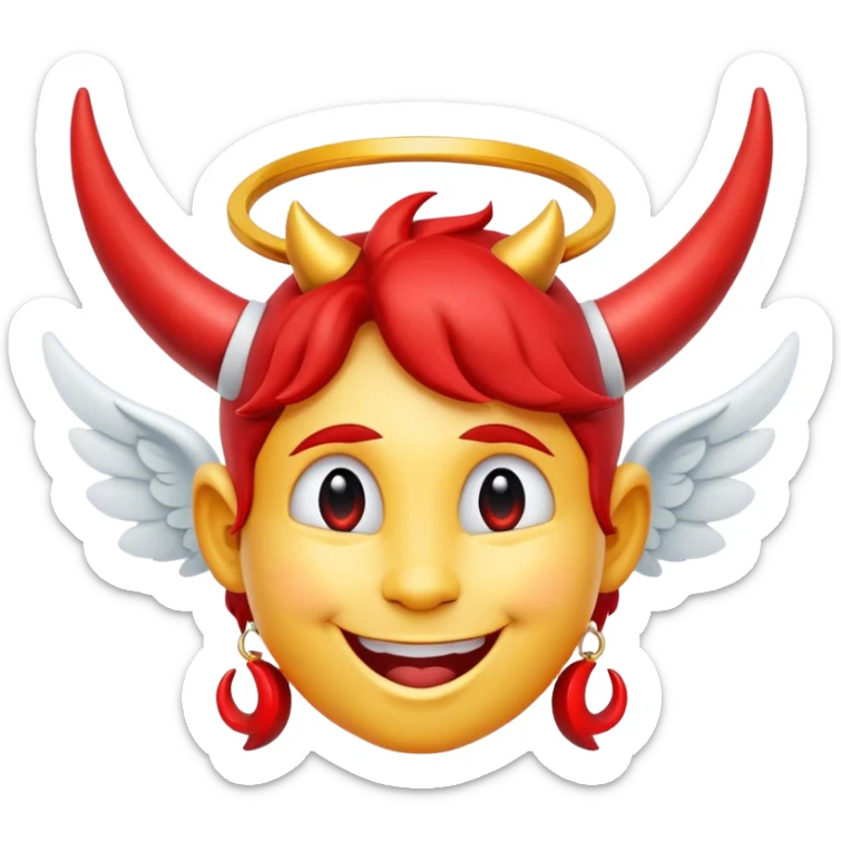 angel smiley face with big red crooked halo and 2 red horns sticker