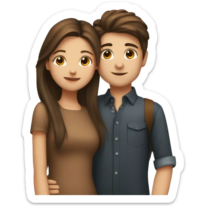 A girl with long brown hair kissing a boy on the cheek, he has short brown hair  sticker