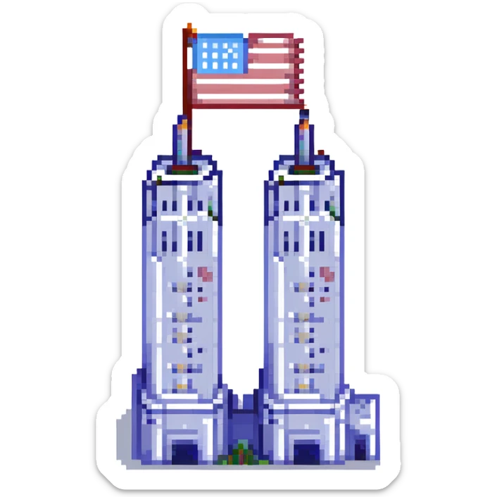 pixel art of the Twin Towers with an American flag sticker
