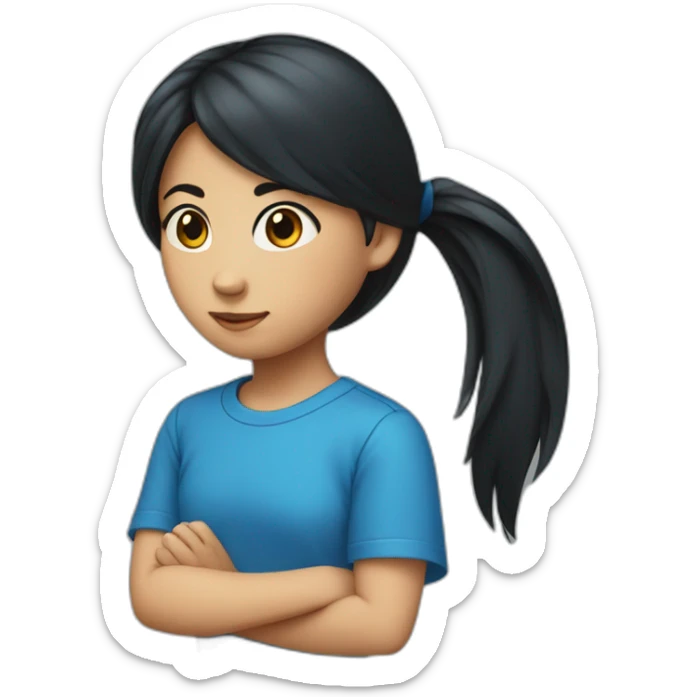 A 11 year old girl wearing a blue t shirt with long black hair which is tied in a pony tail sticker