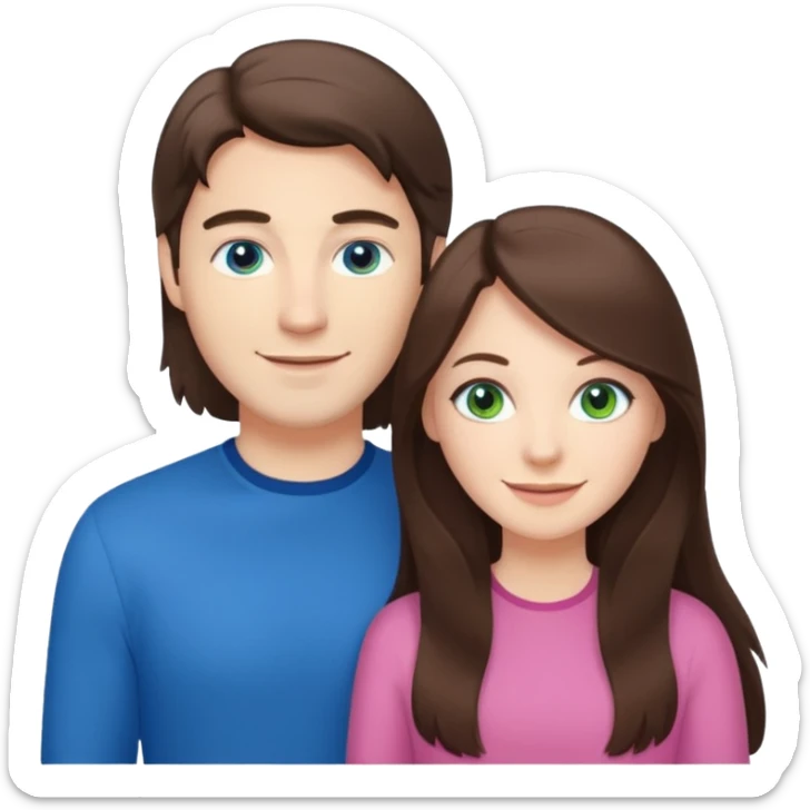 “A pink Polaroid-style photo of a couple: a white woman with long brunette hair and blue eyes, and a white man with short brunette hair and green eyes.” sticker