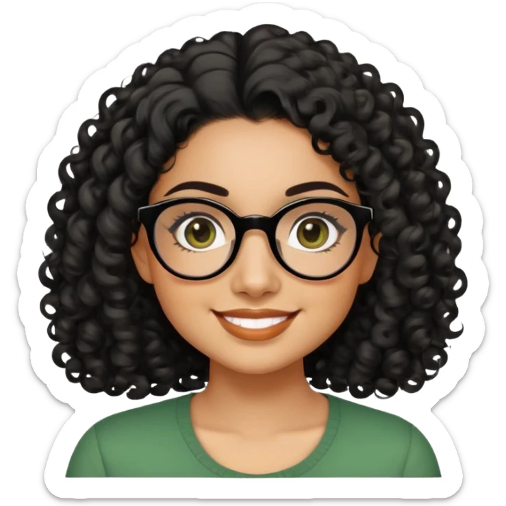 Hispanic woman in her 20s with caramel skin tone. Round face with prominent cheeks and dimples. Dark eyes with black thick-framed glasses. Shoulder-length curly black hair with defined curls. Wide sincere smile. Wearing a green casual top. sticker