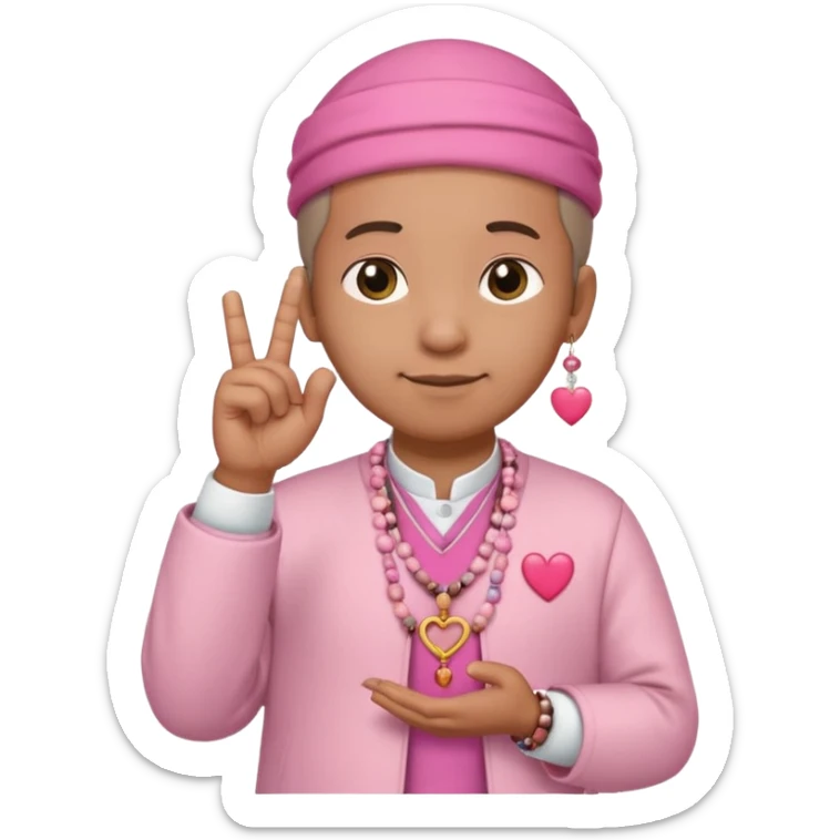 cute uncle wearing a takke, pink skirt, holding prayer beads, making heart sign with index finger and thumb, saying 'uwu', emoji style sticker