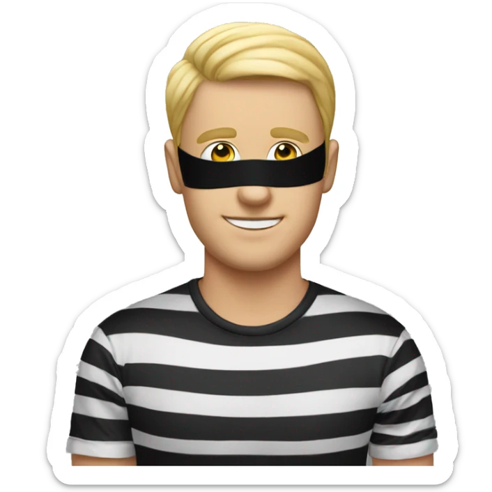 a man with an eye mask and an black and white stripes  t shirt sticker