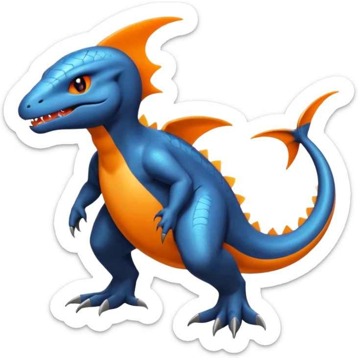 Shiny Black Koraidon-Latios-Salandit-Fakémon-hybrid-creature (full body) with orange belly sticker