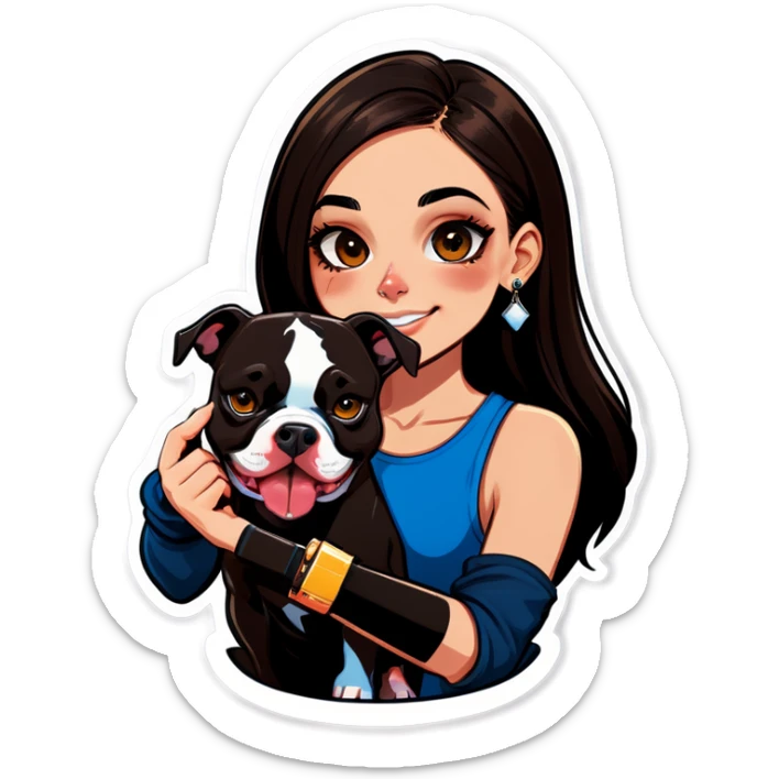  beautiful girl with choppy long dark hair with her nose piercing and her black iPhone with her her pet pit bull girl with an underbite layed next to her sticker