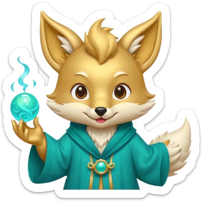 Cute chibi teal fox-dragon emoji with small antler horns, playful face with tongue out, swirl eyebrows, gold forehead mark, teal-gold robe, holding glowing blue orbs, soft pastel vector style. sticker
