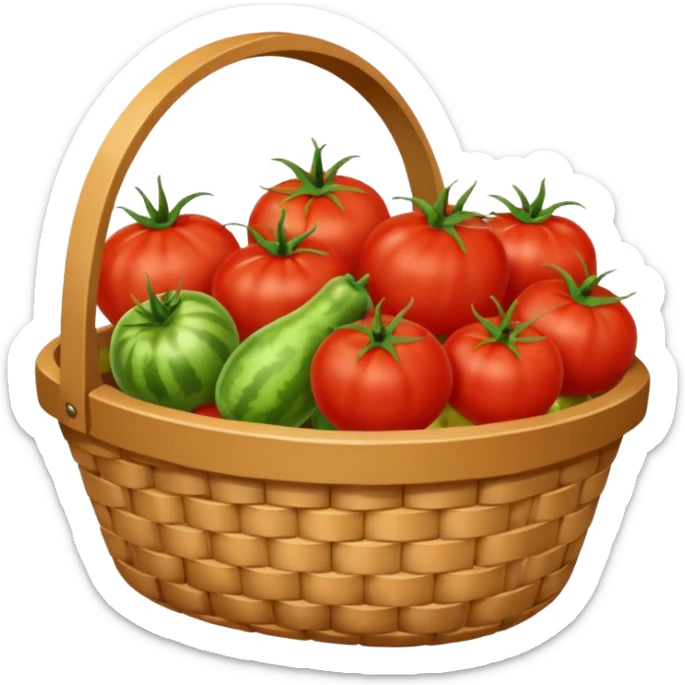 It is an image of fruits including tomatoes in the basket, and there are 5 to 6 fruits sticker