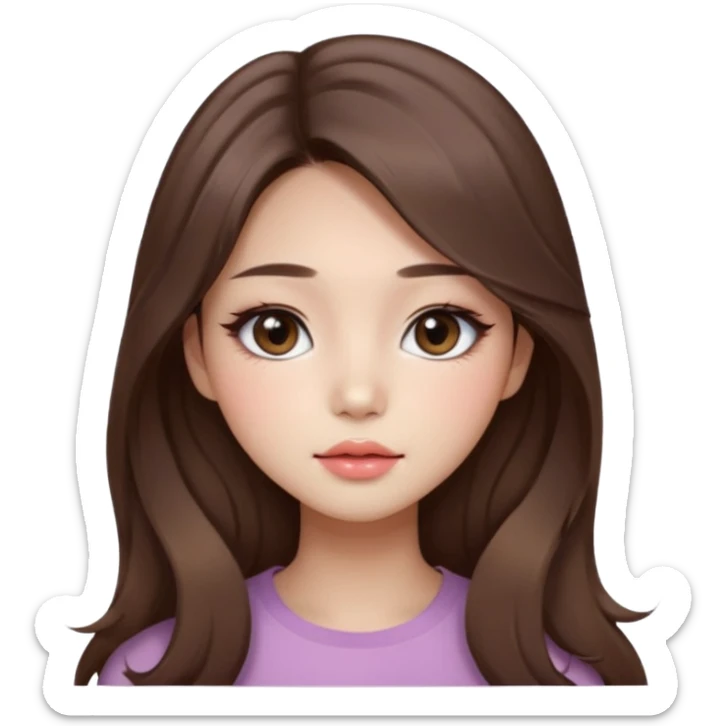 “korean straight brown hair Emoji girl, soft eyeliner and blush, gradient lips, light brown shimmer eyeshadow, long wavy hair,  sticker