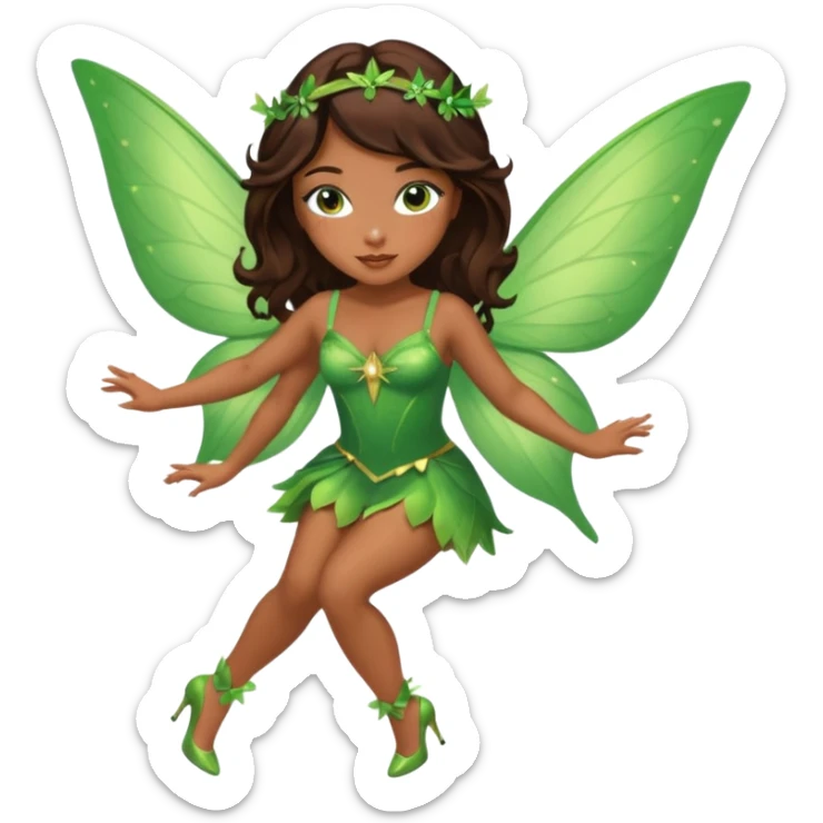Pretty girl with caramel skin. Dark brown hair and brown eyes. She has freckles. Wearing sexy makeup. Wearing a green fairy costume and heels and flying sticker