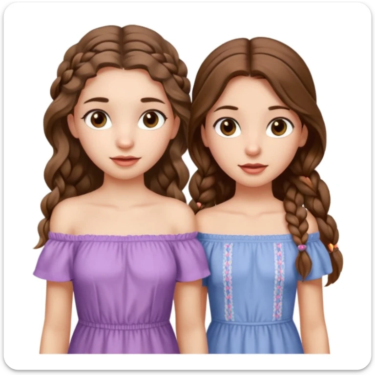 Two girls. The first one is very tall, has mid length brown very wavy hair, full lips, hazel eyes, wearing a cute off shoulder summer dress, she is also thin. The other one, quite shorter, long brown straight hair in one braid, hazel eyes. She is athletic a little bit.  sticker