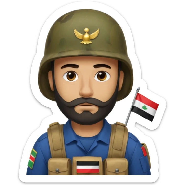 A tired and sad, swarthy Iraqi soldier with a beard, an Iraqi flag on his helmet, a sad expression and bags under his eyes sticker
