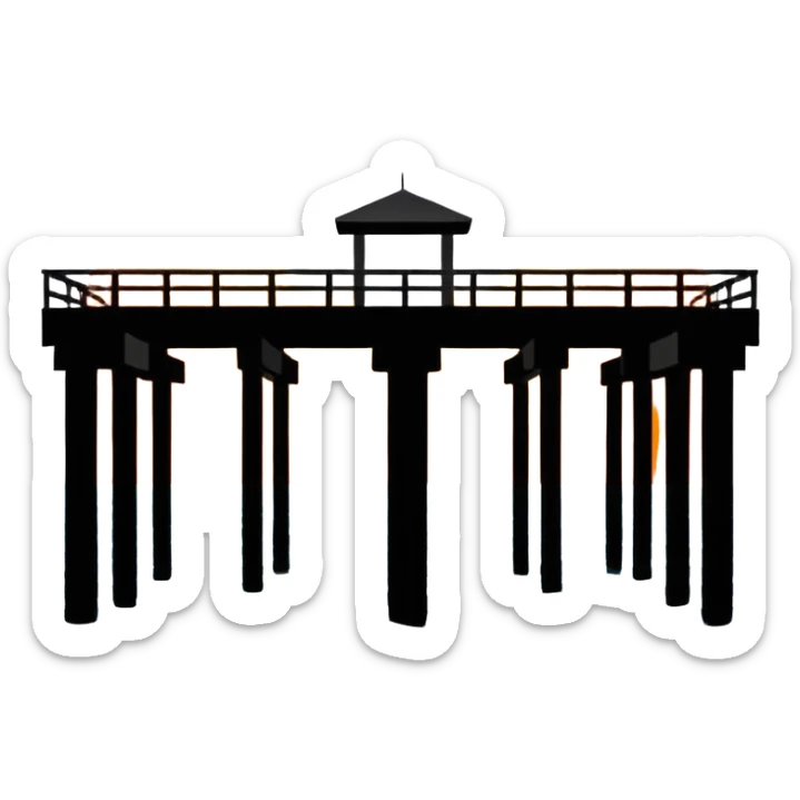 A black and white image of a pier in the ocean as a silhouette with the sun in the background sticker