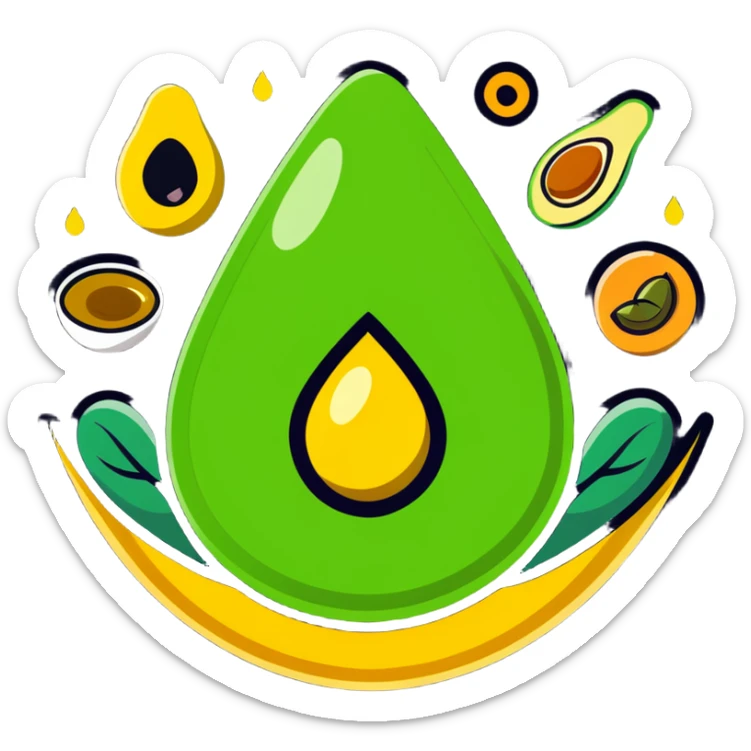 Floating aura in the shape of a golden and jade green drop, with bright icons of avocado, nuts, olive oil and ethereal fish spinning in a circle, surrounding a warm heart and illuminated brain, wrapped in a soft glow of protection and stable energy sticker