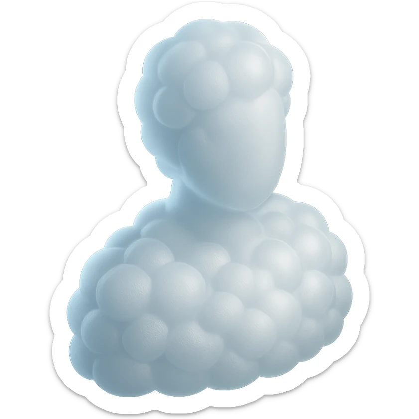 a person turned straight, fully made of white fluffy convex clouds up to the shoulders, matte glass style sticker