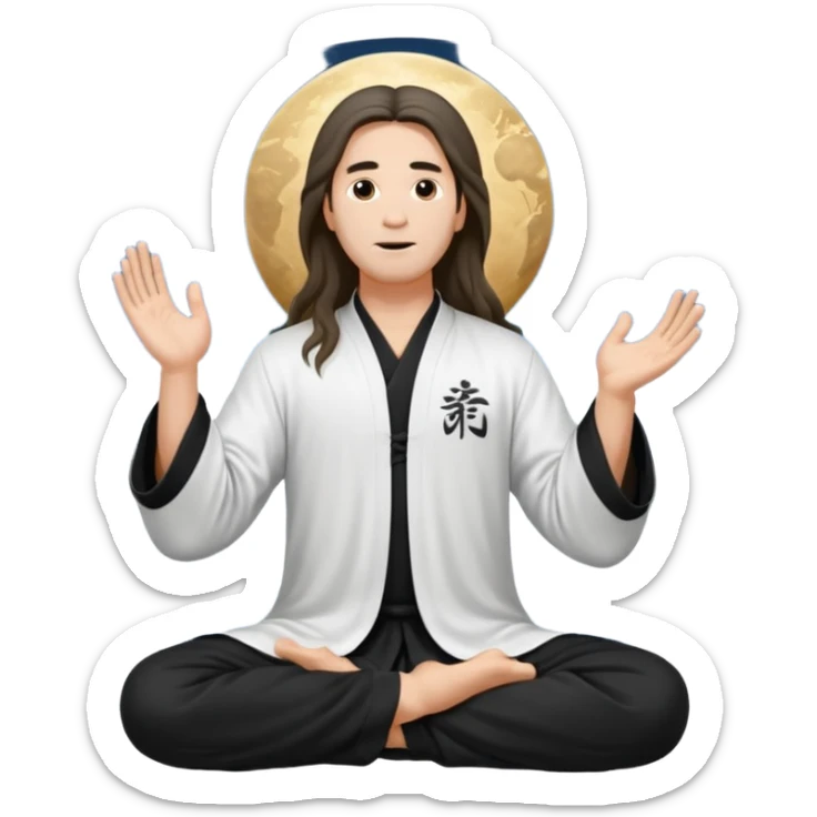 homme au cheveux long qui pratique le qi gong, habits noirs ou blancs,dans la position suivante : le ciel et la terre communiquent sticker