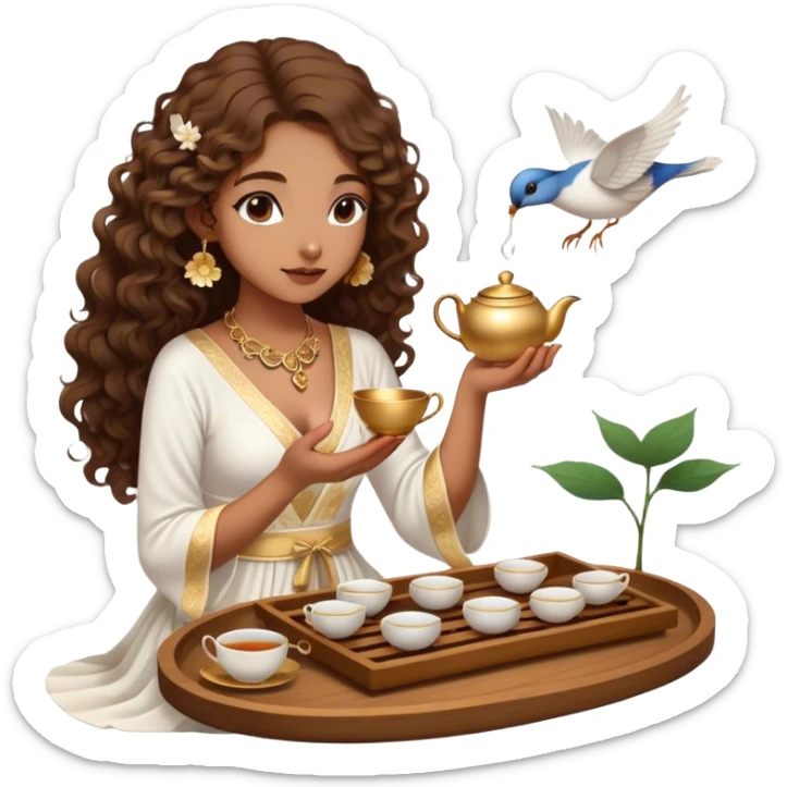 Light brown skin girl, long curly brown flat hair, gold jewelry, white dress, feeding birds with wooden tea ceremony tray with lotus flower sticker