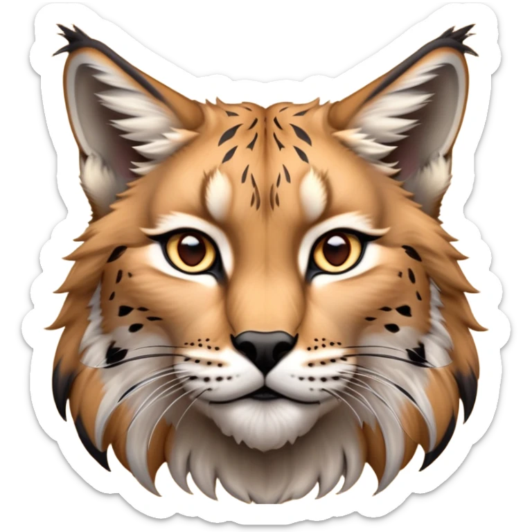 Cinematic-Noble realistic-Lynx-Portrait-Emoji – Poised and regal, with a strong, agile build and a strikingly patterned fur of warm tawny fur accented by bold black ear tufts, deep-set, intelligent amber eyes, simplified yet sharp and sophisticated. zoomed out to show shoulders sticker