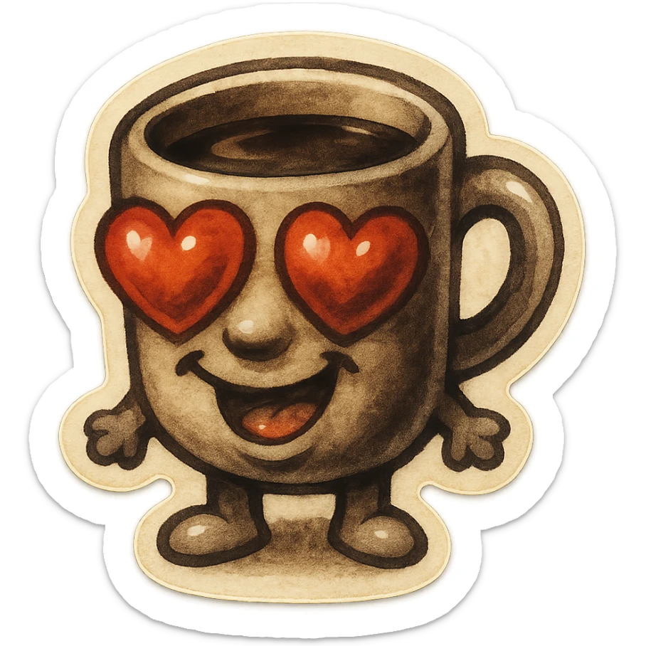Ink wash style, coffee cup creature, big heart eyes, dopey smile sticker