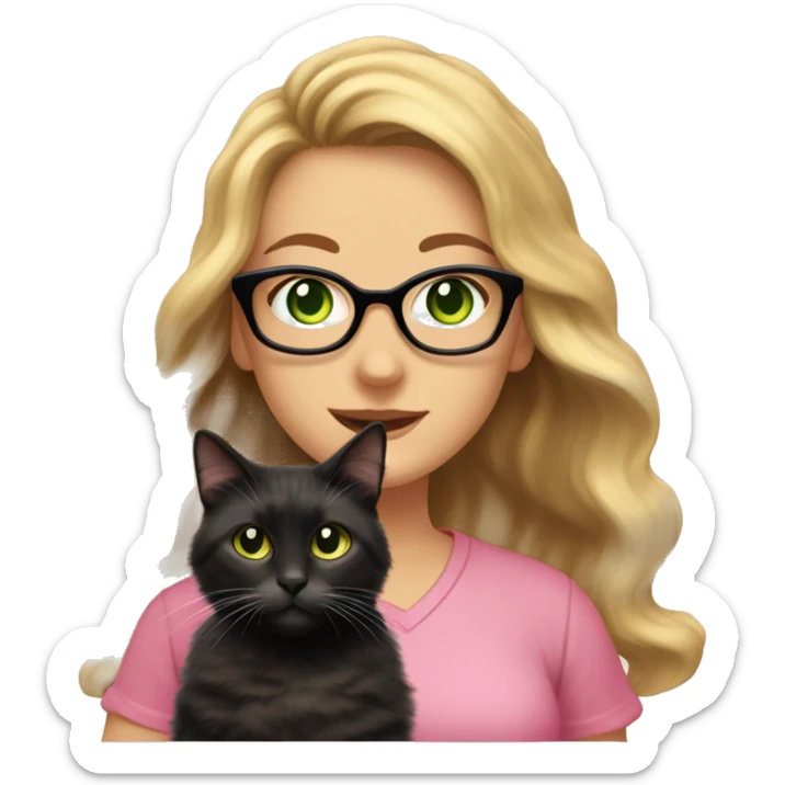woman with glasses and green eyes and long wavy blonde hair in a pink shirt is holding a very fluffy and fat black and tortoiseshell cat sticker
