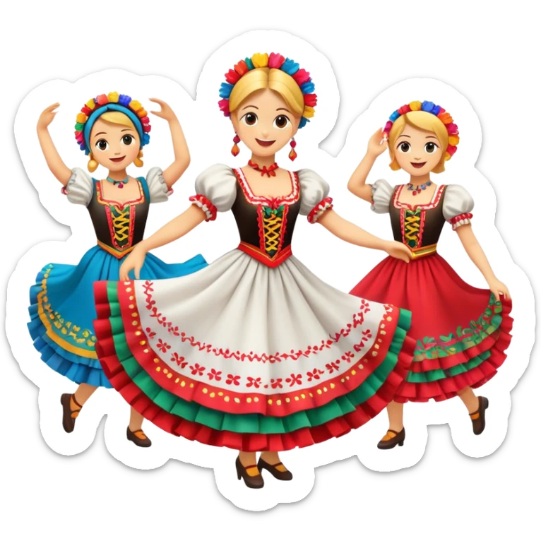 Cinematic Realistic Mazurka Dance Emoji, depicted as a lively traditional Polish folk dance scene with colorful costumes and spirited movement, rendered with dynamic textures and vibrant festive lighting that captures its rhythmic energy. sticker