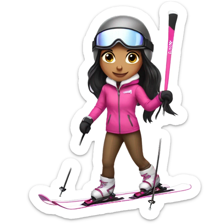 Brown Skier girl with long black hair and pink gear show skis and legs  sticker