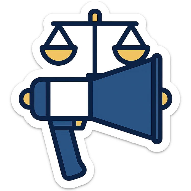 simple professional icon for advocacy consulting firm, combining megaphone and scales of justice, gold accent details, navy blue white gold color palette sticker