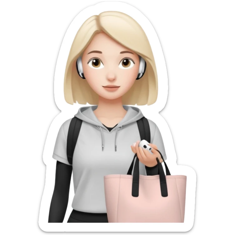 clean girl aesthetic emoji, wearing athleisure, airpods, natural look, carrying tote bag, subtle blush sticker