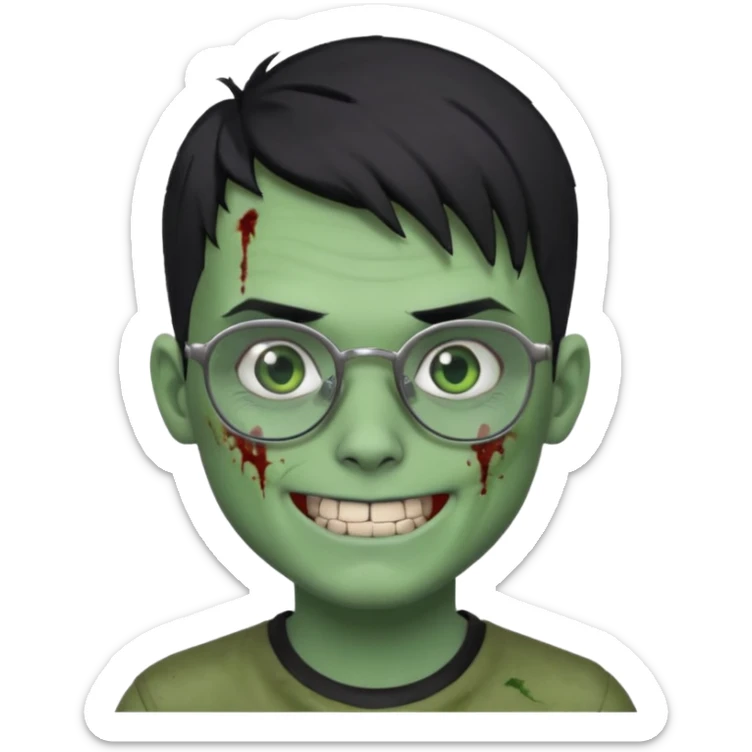 zombie boy, modern hair, green skin, black hair, glasses, risk on the eyebrow, scars, creepy expression, smile, silver teeth sticker