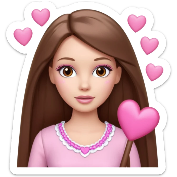Barbie girl and  makeup , brown long straight hair and brown eyes is In pale pink clothes There are pink hearts all around sticker