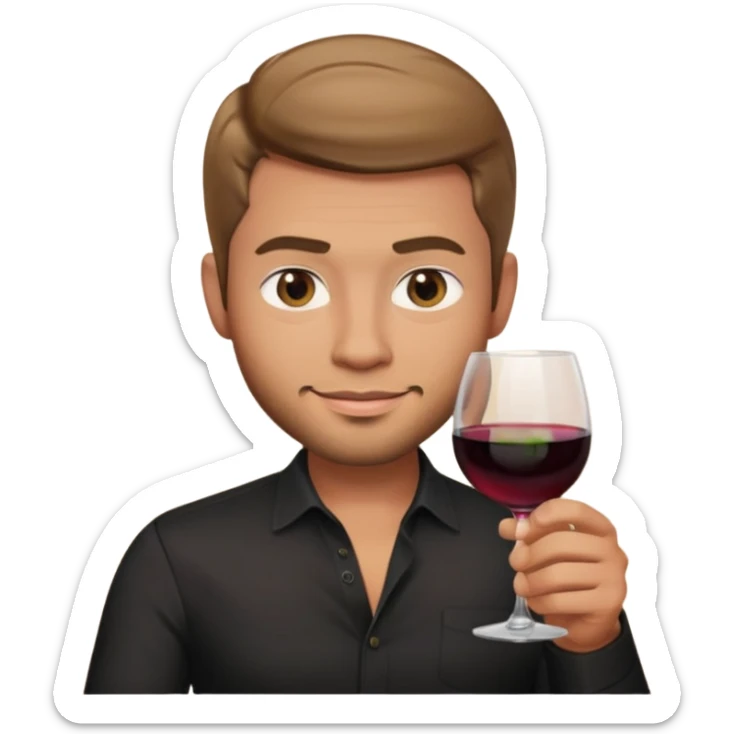 male memoji, tan skin, stubble, black shirt slightly unbuttoned, holding a glass of wine, mysterious smirk, seductive aura sticker
