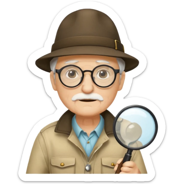 old man in beige explorer outfit, wear black glass, hat, holding magnifying glass sticker