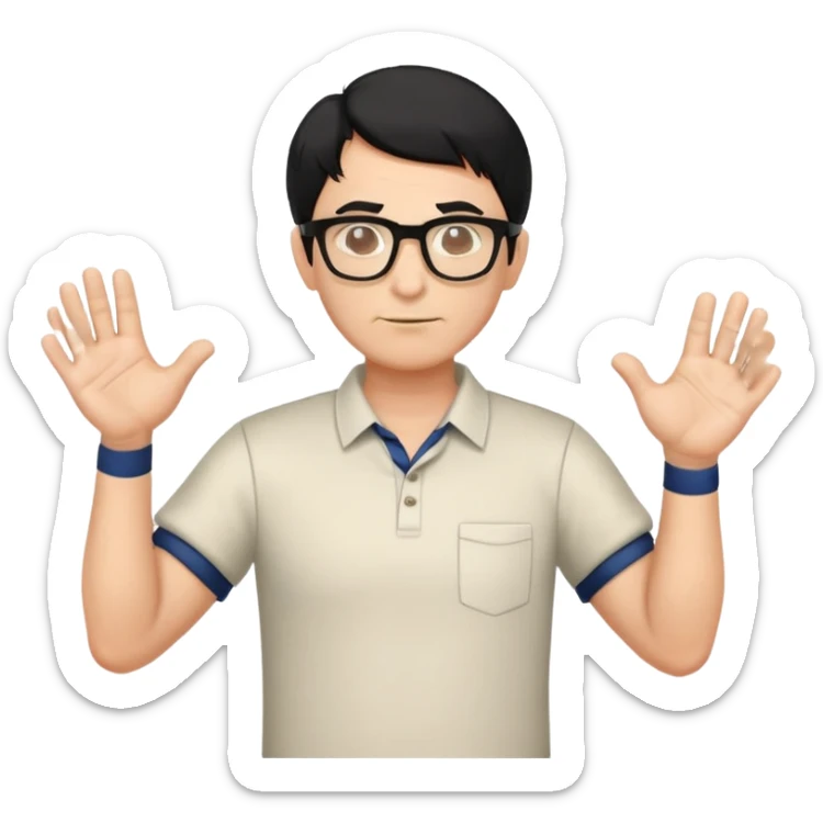 professor with black hair and glasses wearing shirts, no mustache, with hands positioned as if grabbing an invisible rugby ball sticker