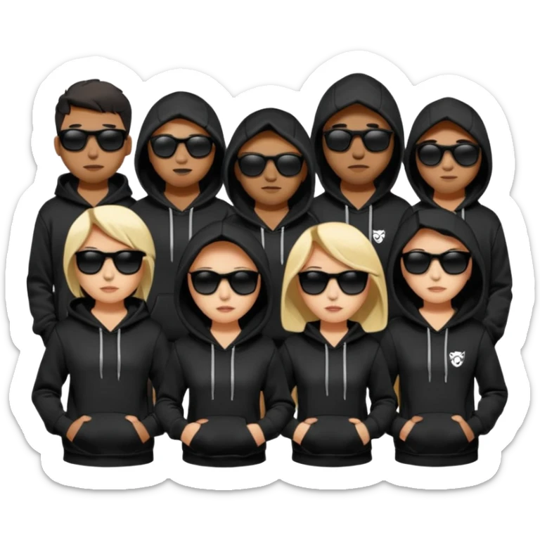Gang wearing all black with black hoodies that say “Havoc”.with black sunglasses sticker