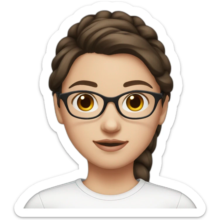 white girl with dark brown hair with two ponytails in a white shirt with pink on her face and wearing glasses sticker