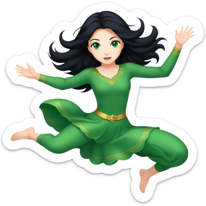 Beautiful lady with long black hair and green eyes jumping sticker