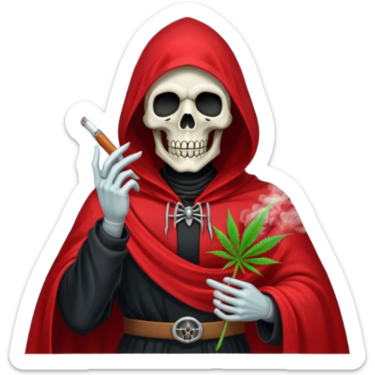 grim reaper in red cape smoking weed with loads of smoke in the air sticker