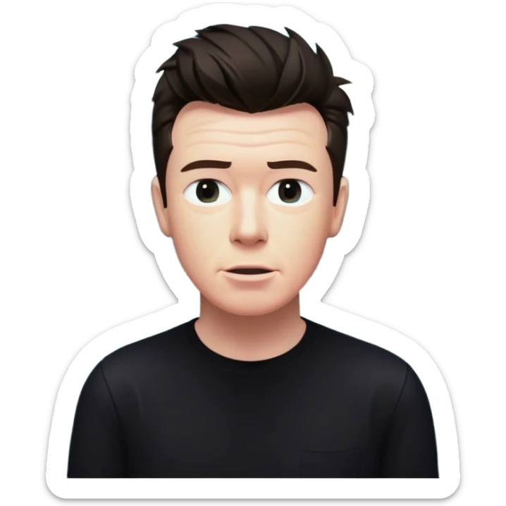 Rick Astley at a lake surrounded by a forest at nighttime with 60-65% of his face gone and the lake is behind him and the background is almost pitch black and the entire picture including Rick Astley is a staticky glitchy horror type sticker