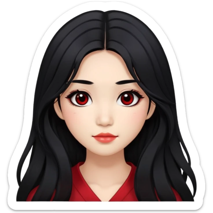 Asian girl with very long shaggy black hair, big black eyes. middle part hair. long lower lashes, cheekbones with red blush. big dimples. simple dark makeup.  sticker