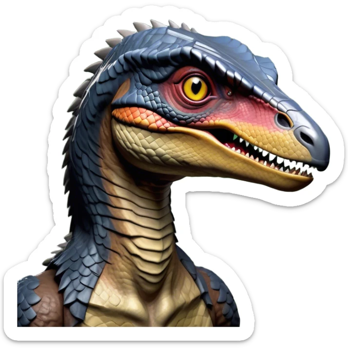 Cinematic Noble jurassic park Velociraptor Portrait Emoji, Poised and menacing, with a sleek, muscular build clad in dark, scaly skin reminiscent of jurassic park Park’s iconic raptor, a sharply curved snout and piercing, intelligent eyes that exude predatory cunning, Simplified yet boldly defined features, highly detailed, glowing with a cool, ominous radiance, high shine, intelligent and relentless, stylized with an air of cinematic prehistoric authority, focused and alert, soft glowing outline, capturing the essence of a watchful and confident jurassic park Velociraptor that appears ready to dash out of the screen with effortless power! sticker