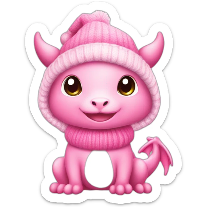 cute, little Pink dragon, in sweater and Christmas hat. adorable happy kawaii style, colorful, clear outline, vector, simple white background, 8k, 3:2 sticker