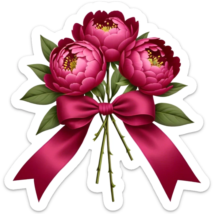peonies in Persian red color tied with silk aesthetic ribbon of powder raspberry color in glamour vintage theme sticker