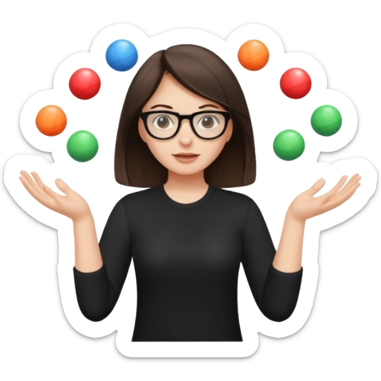 a brunette girl in a black shirt wearing glasses is  juggling  with two hands  sticker
