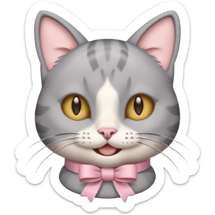 Head of a grey cat, smiling, with a loose ribbon on top of its head sticker