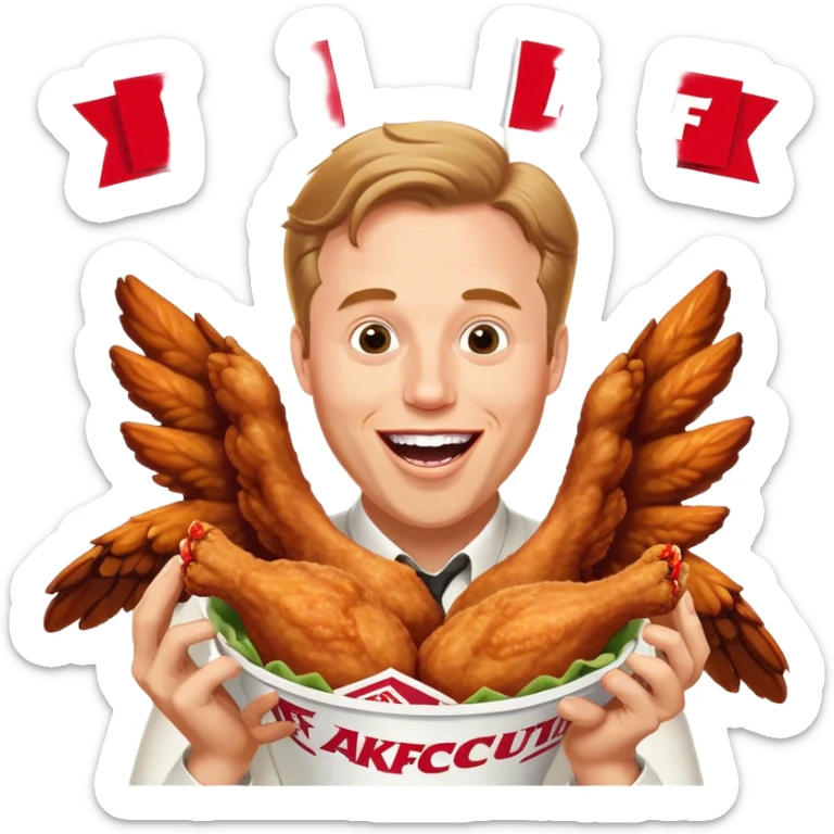 "Create an emoji of a white man holding KFC chicken wings with a happy and excited expression. Make sure to add the text 'KFC ABSOLUTE CINEMA ✋😮🤚' in large, bold letters, covering the entire screen and standing out clearly. This text must be included. Use a vibrant and expressive style." sticker