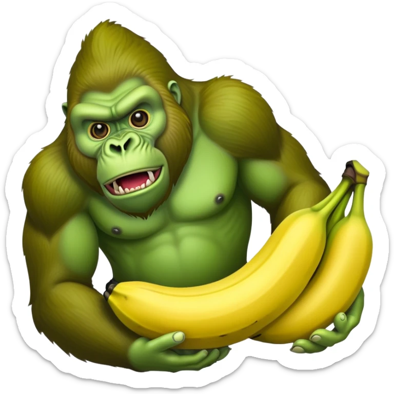 A ripe yellow banana with the head of a bright green gorilla with a fierce expression sticker