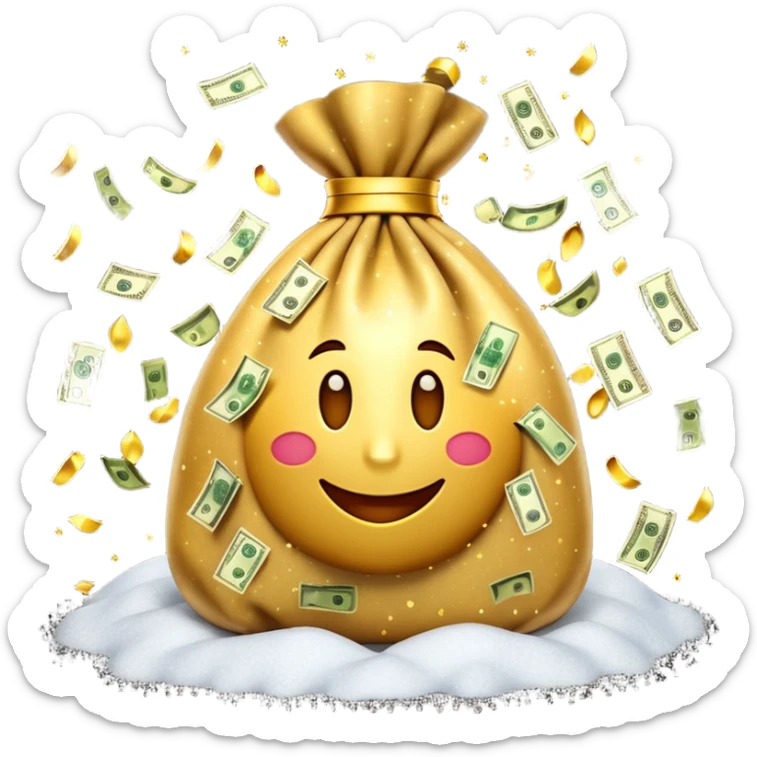 3D emoji style, money bag with dollar bills, New Year theme, snow particles, festive lighting, rich vibe, high detail, transparent background

 sticker
