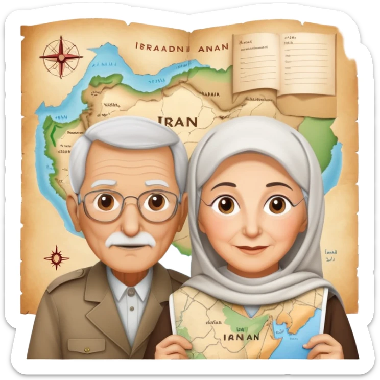 An image of an elderly man and woman
with a map of Iran in the background
with the following written below the map: @salmand_ir sticker