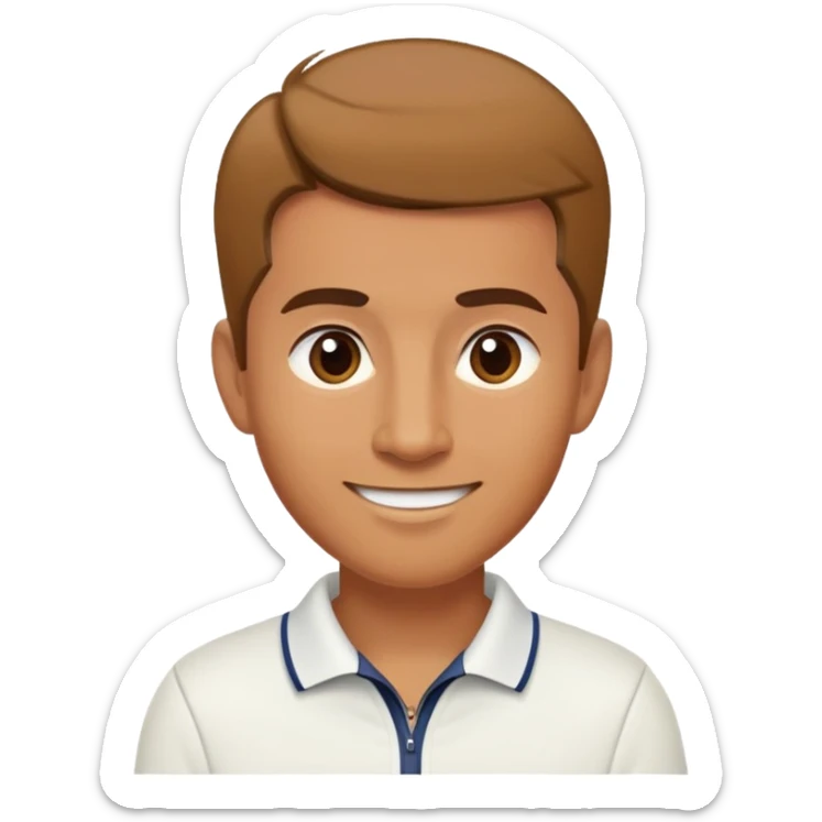 caramel brown Chindian male tennis coach, short straight hair with widow's peak, oval face, small eyes, smiling sticker